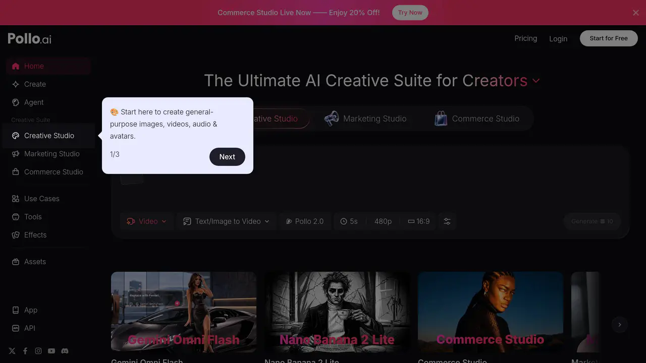 Homepage preview of Pollo AI, captured Jul 28, 2026
