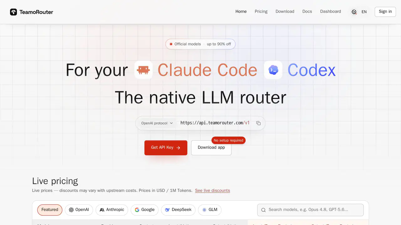 Homepage preview of TeamoRouter, captured Jul 23, 2026