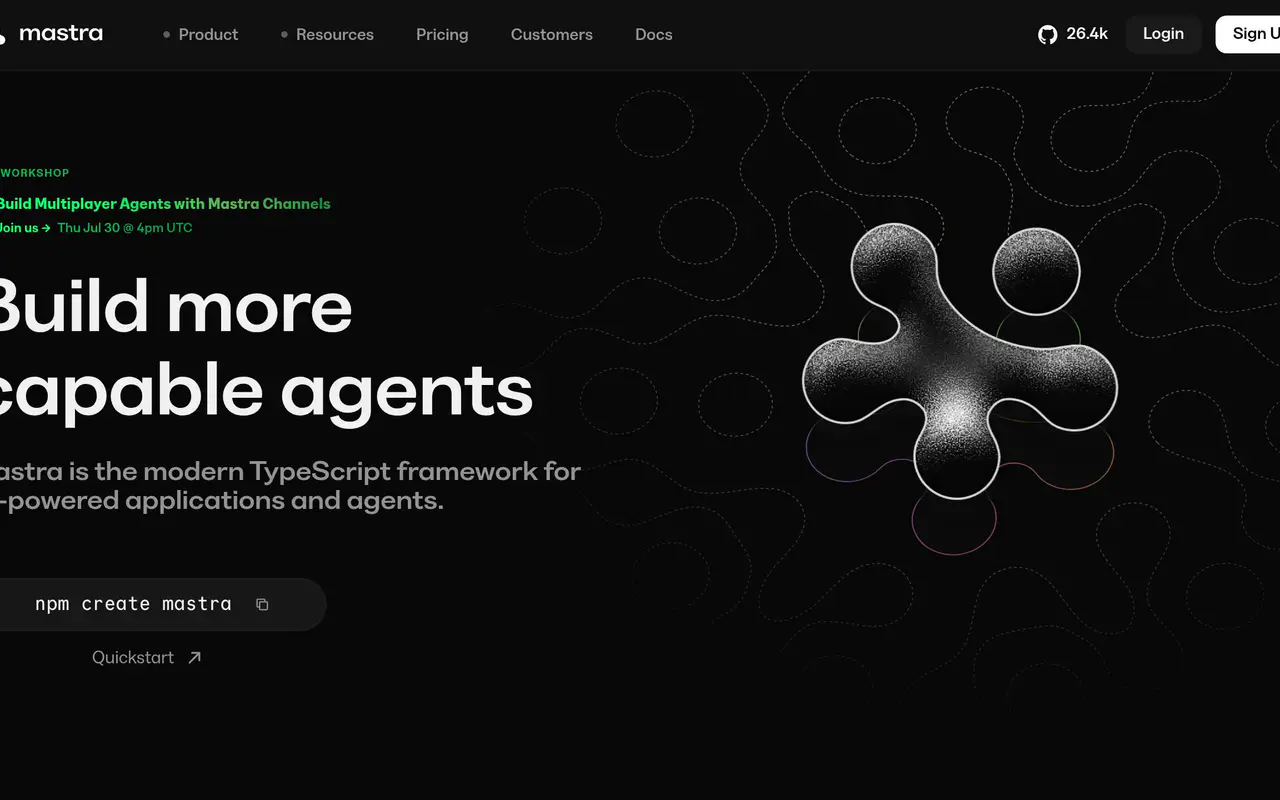 Homepage preview of Mastra, captured Jul 21, 2026