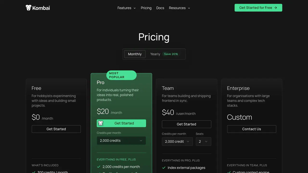 Pricing-page preview of Kombai, captured Aug 23, 2026