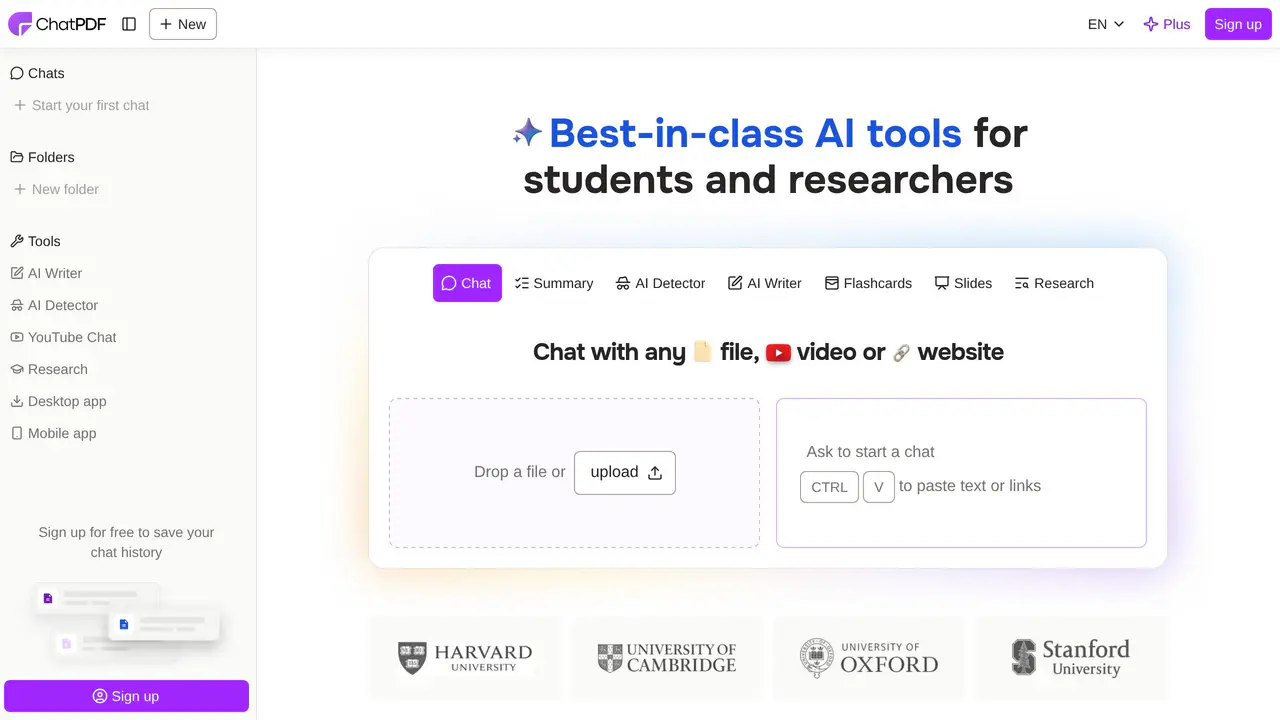 Homepage preview of ChatPDF, captured Jul 23, 2026