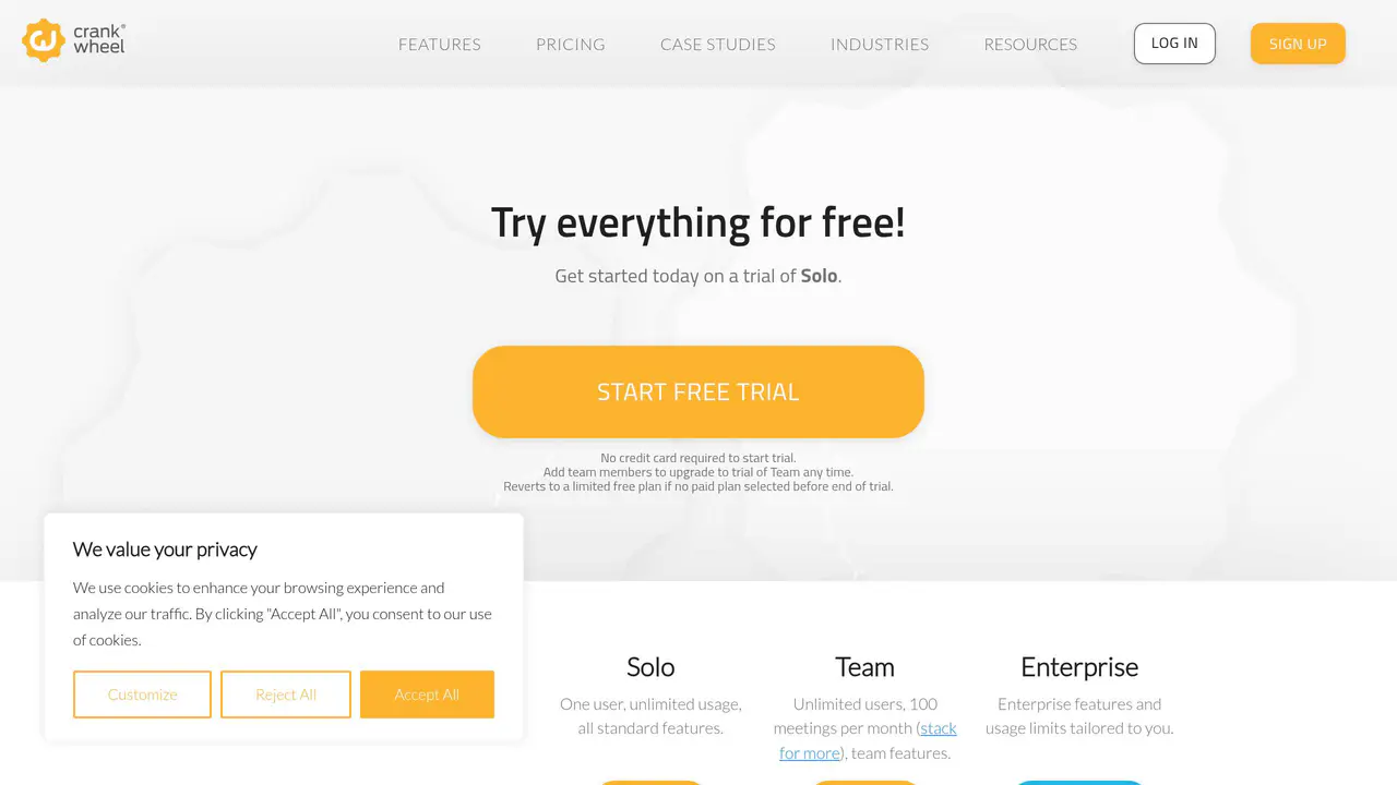 Pricing-page preview of CrankWheel, captured Jul 24, 2026