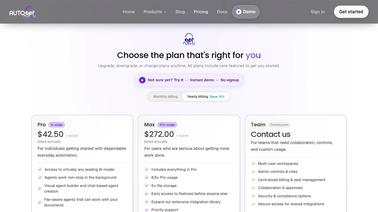 Pricing-page preview of AutoGPT, captured Aug 16, 2026