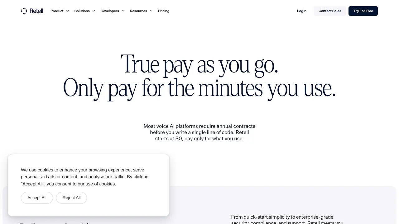 Pricing-page preview of Retell AI, captured Aug 16, 2026