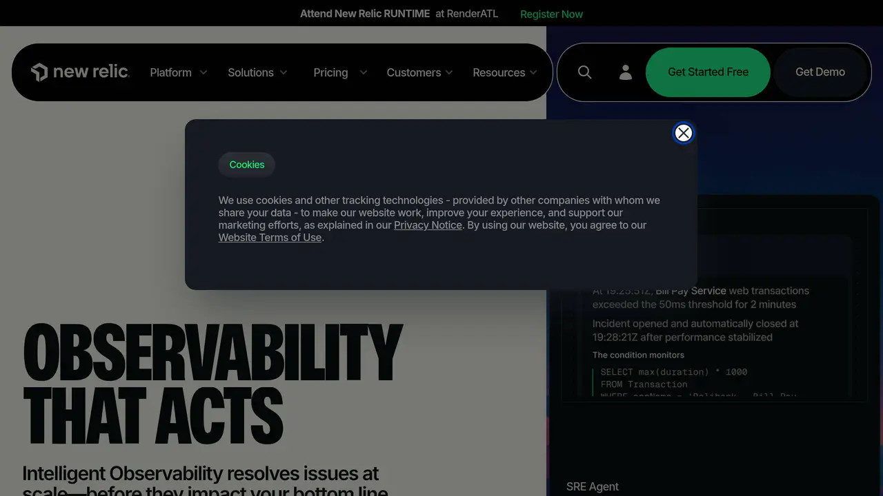 Homepage preview of New Relic, captured Jul 23, 2026