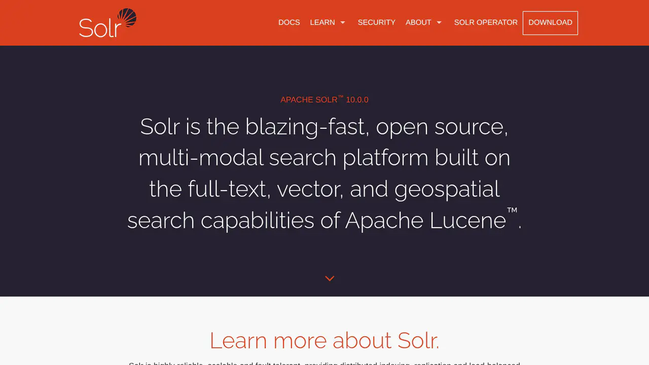 Homepage preview of Apache Solr, captured Jul 24, 2026