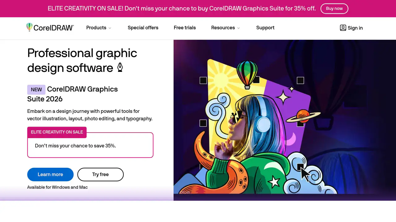 Homepage preview of CorelDRAW, captured Aug 1, 2026