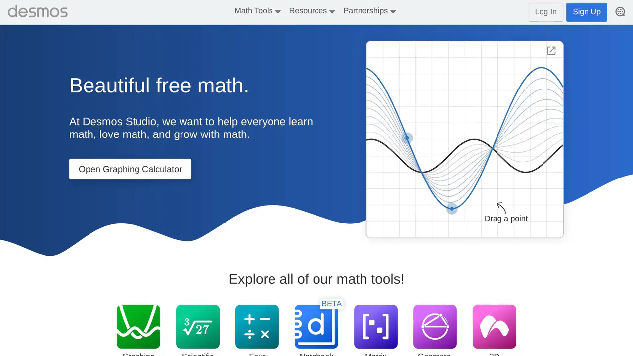 Homepage preview of Desmos, captured Aug 1, 2026