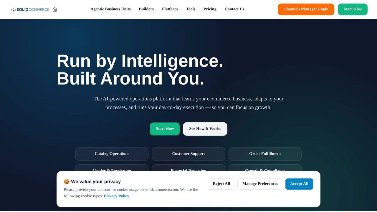 Homepage preview of Solid Commerce, captured Aug 5, 2026