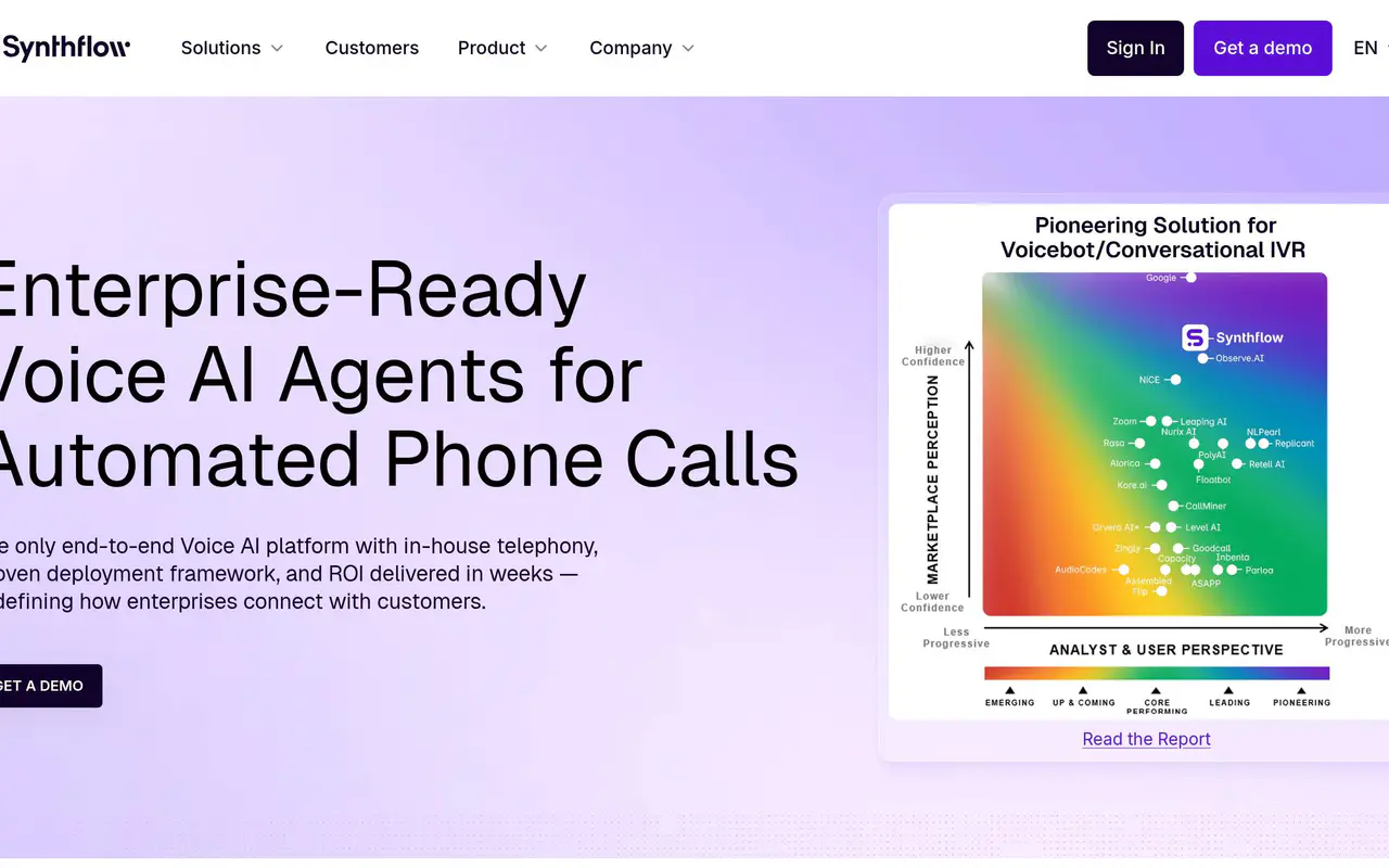 Homepage preview of Synthflow, captured Jul 21, 2026