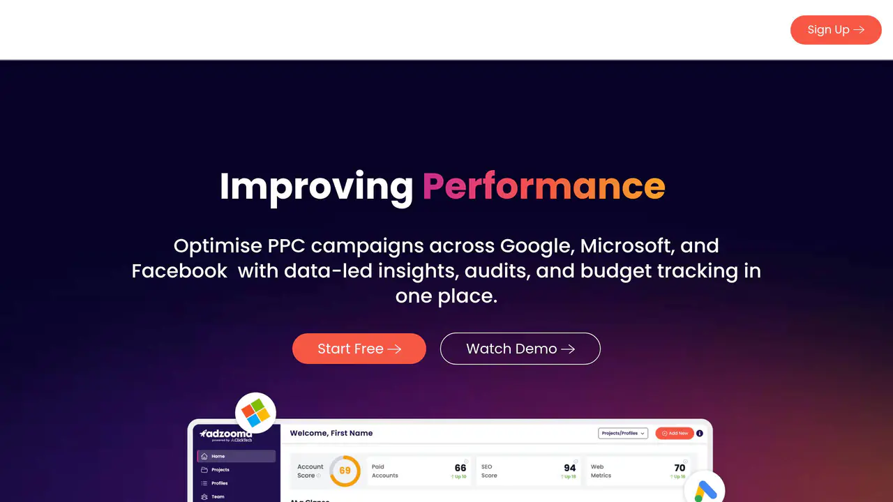Homepage preview of Adzooma, captured Sep 12, 2026