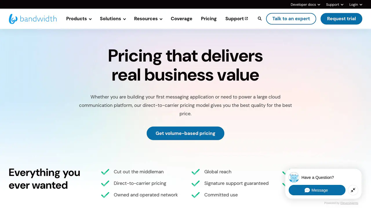 Pricing-page preview of Bandwidth, captured Aug 23, 2026