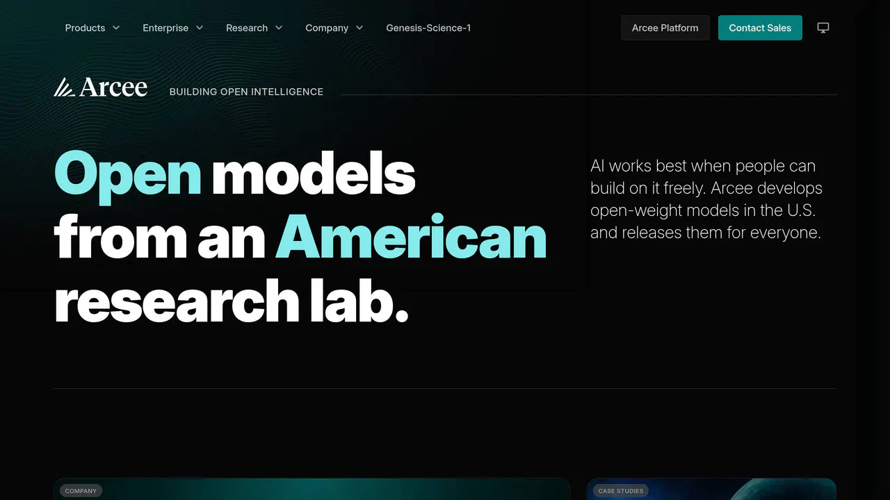Homepage preview of Arcee AI, captured Aug 8, 2026