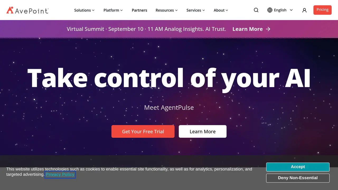 Homepage preview of AvePoint, captured Aug 29, 2026