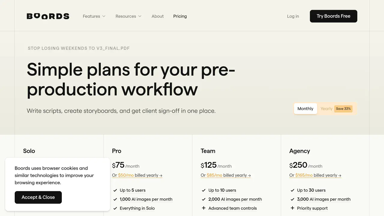 Pricing-page preview of Boords, captured Sep 15, 2026