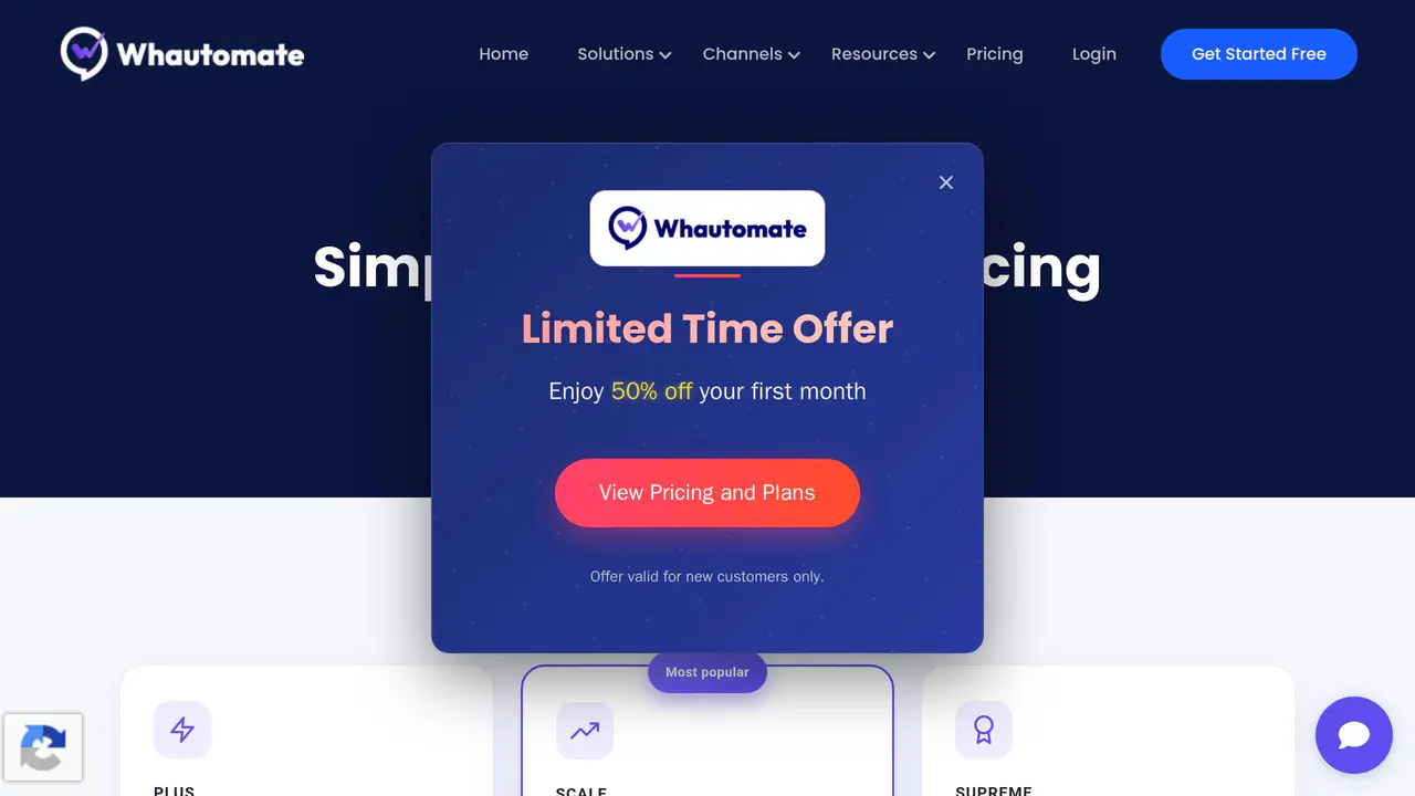 Pricing-page preview of Whautomate, captured Jul 23, 2026