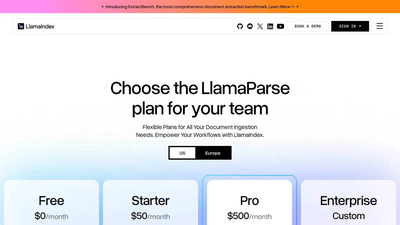 Pricing-page preview of LlamaIndex, captured Aug 12, 2026