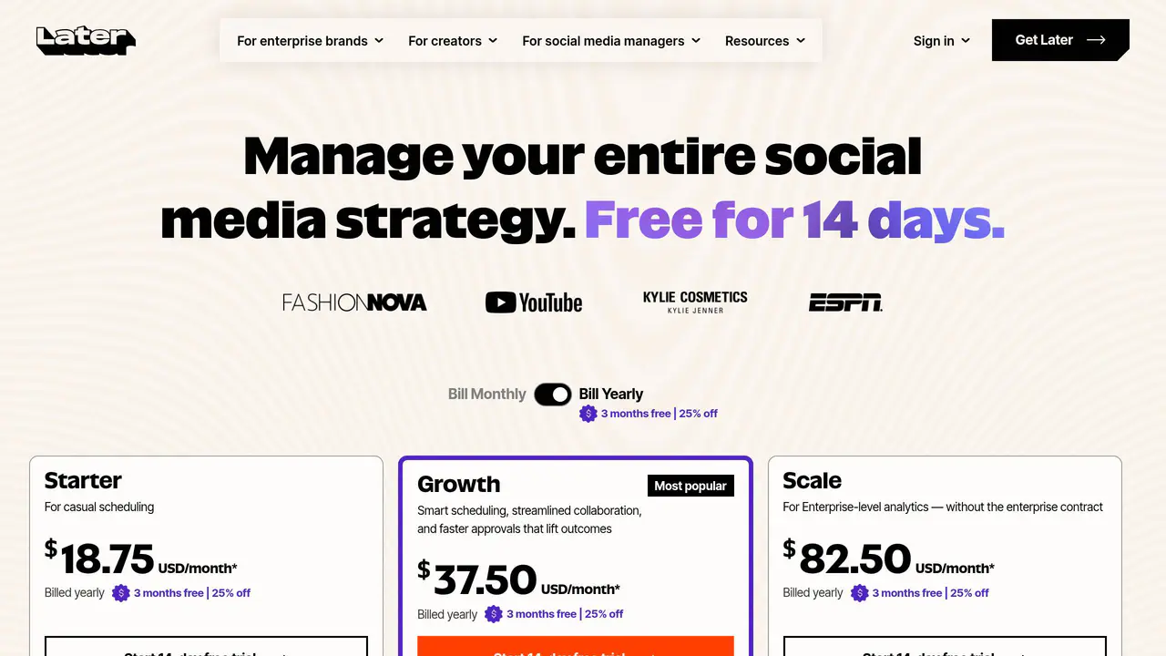 Pricing-page preview of Later, captured Sep 15, 2026