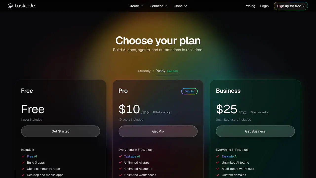 Pricing-page preview of Taskade, captured Jul 23, 2026