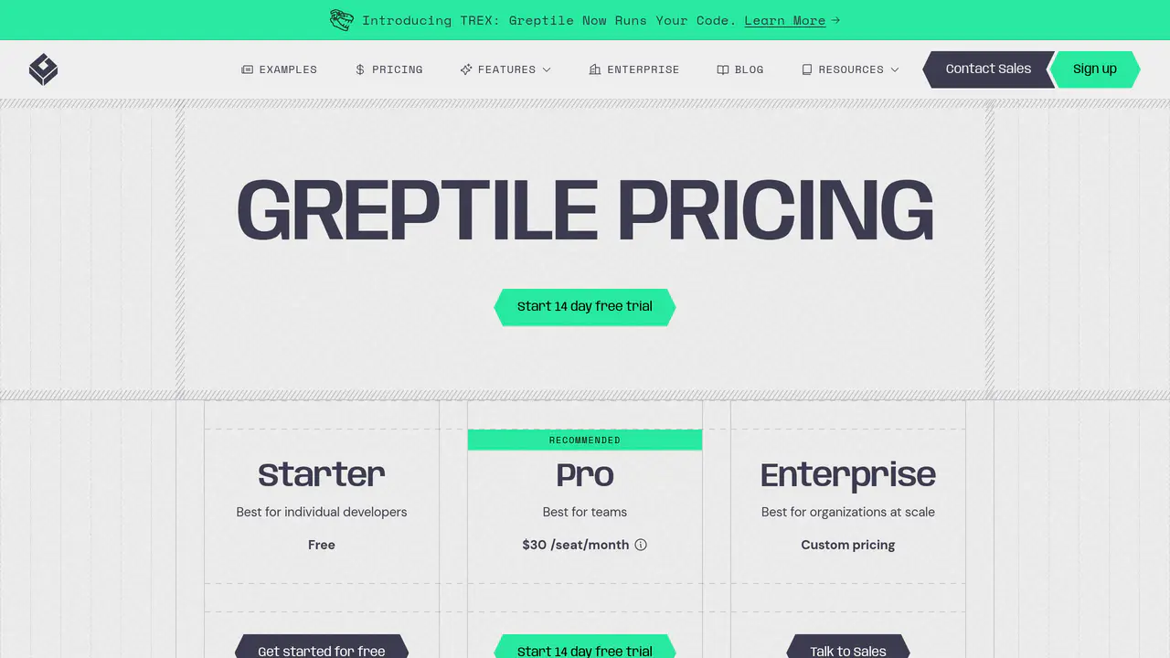 Pricing-page preview of Greptile, captured Jul 23, 2026