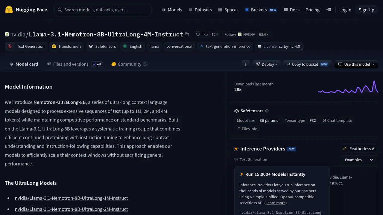 Homepage preview of Llama 3.1 Nemotron 8B UltraLong 4M Instruct, captured Jul 23, 2026