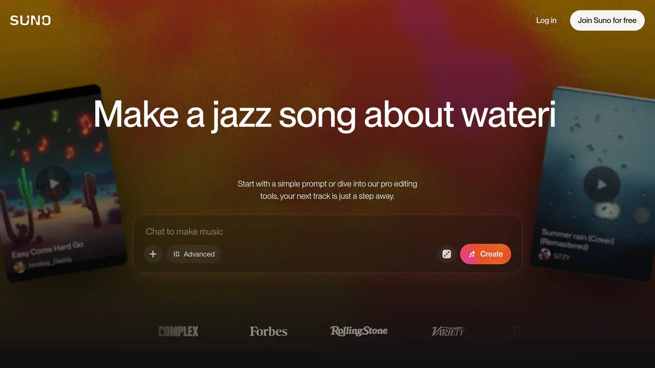 Homepage preview of Suno AI, captured Jul 24, 2026