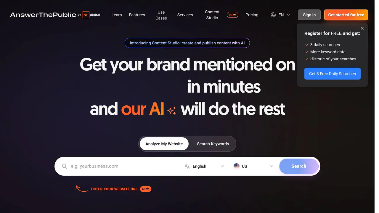 Homepage preview of AnswerThePublic, captured Aug 18, 2026