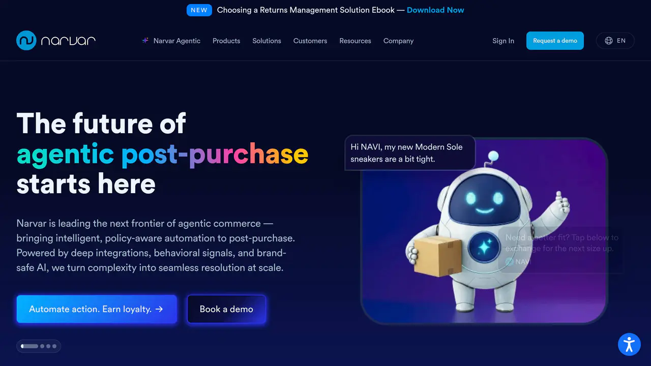 Homepage preview of Narvar, captured Jul 26, 2026