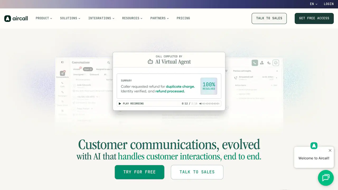 Homepage preview of Aircall, captured Sep 12, 2026