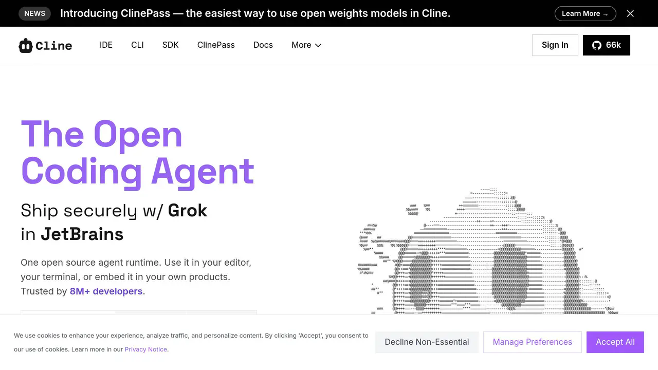 Homepage preview of Cline, captured Aug 11, 2026