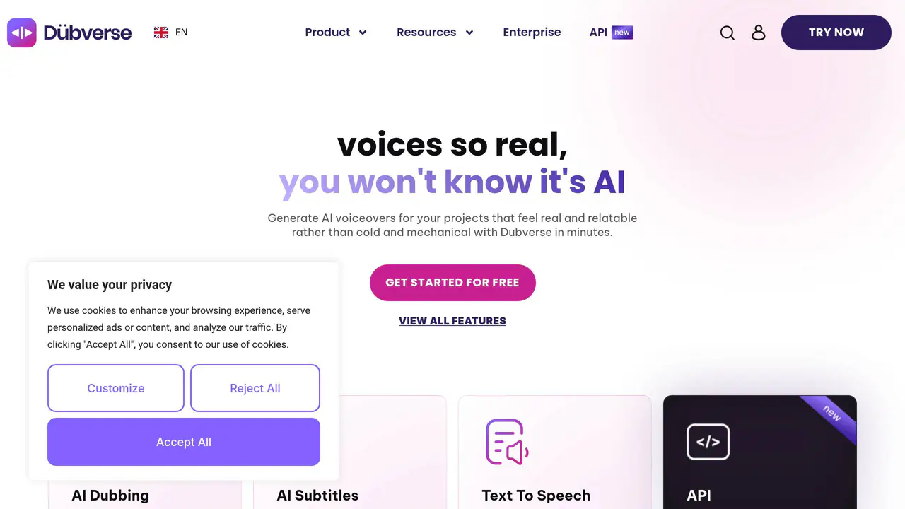 Homepage preview of Dubverse, captured Aug 4, 2026
