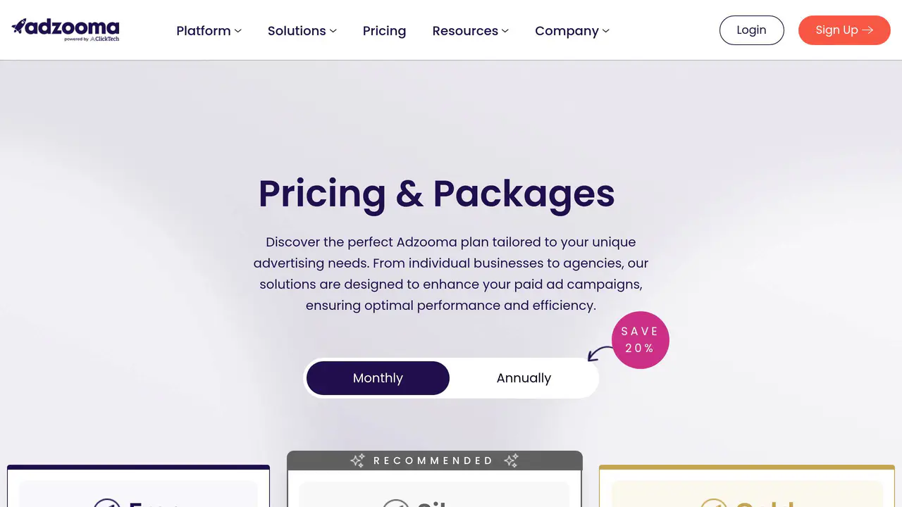 Pricing-page preview of Adzooma, captured Sep 12, 2026
