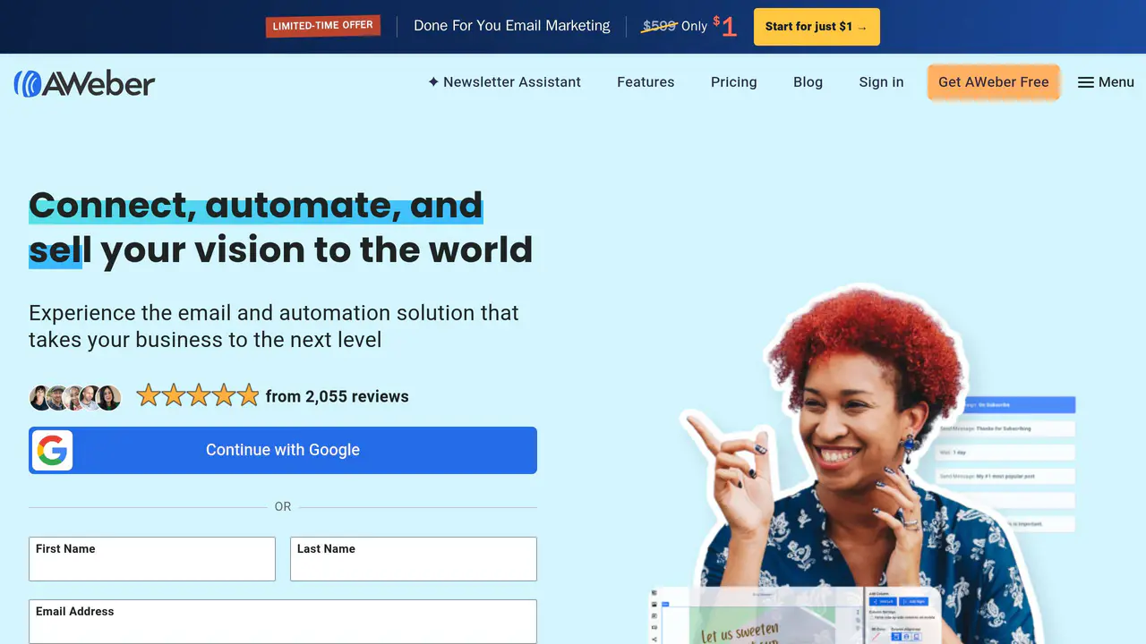 Homepage preview of AWeber, captured Aug 27, 2026