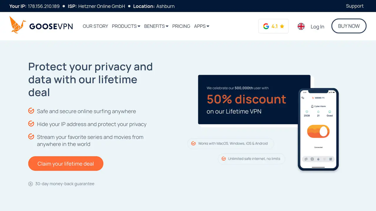 Homepage preview of Goose VPN, captured Aug 1, 2026
