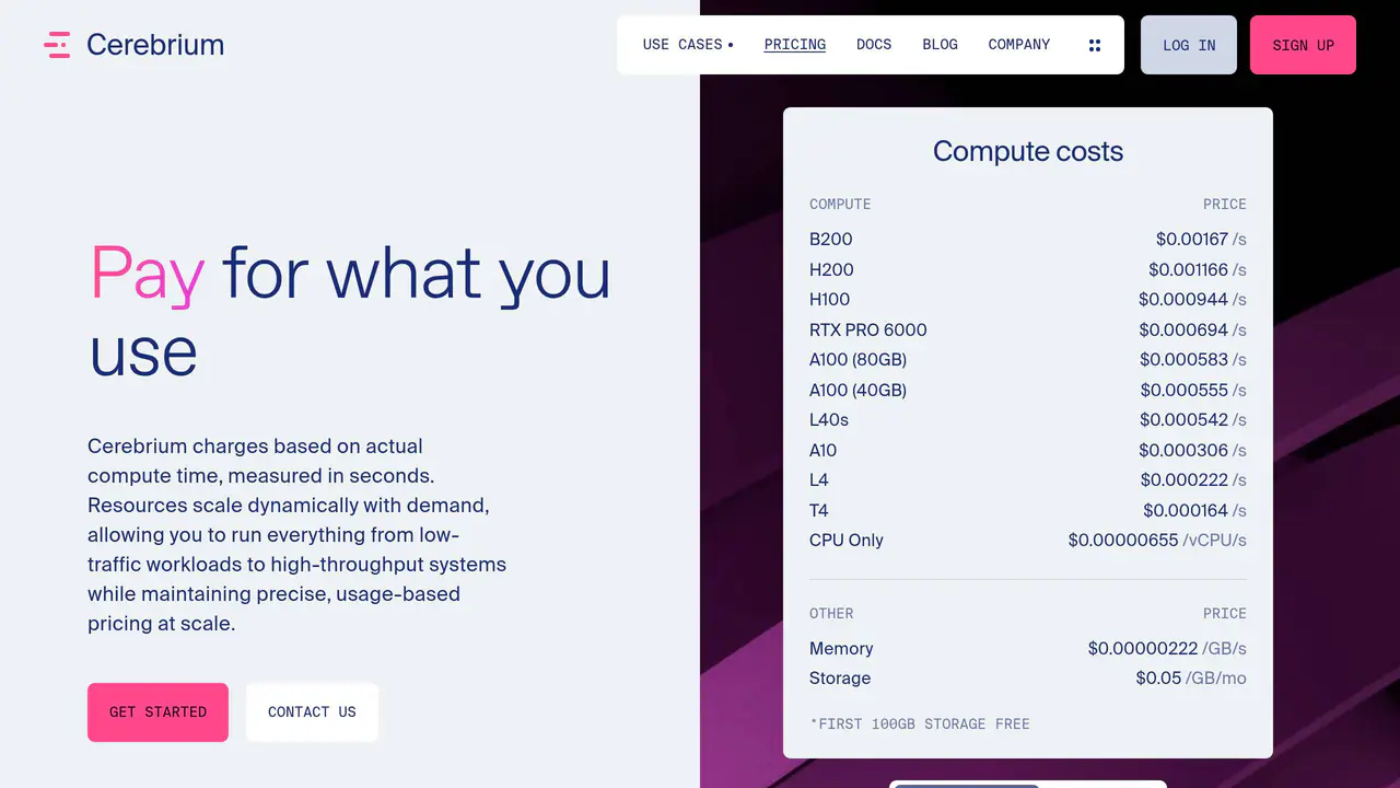 Pricing-page preview of Cerebrium, captured Jul 23, 2026