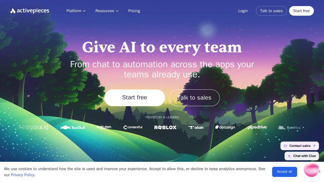 Homepage preview of Activepieces, captured Aug 11, 2026