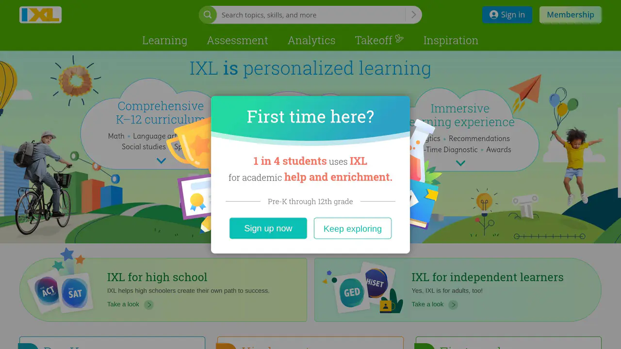 Homepage preview of IXL Learning, captured Jul 24, 2026