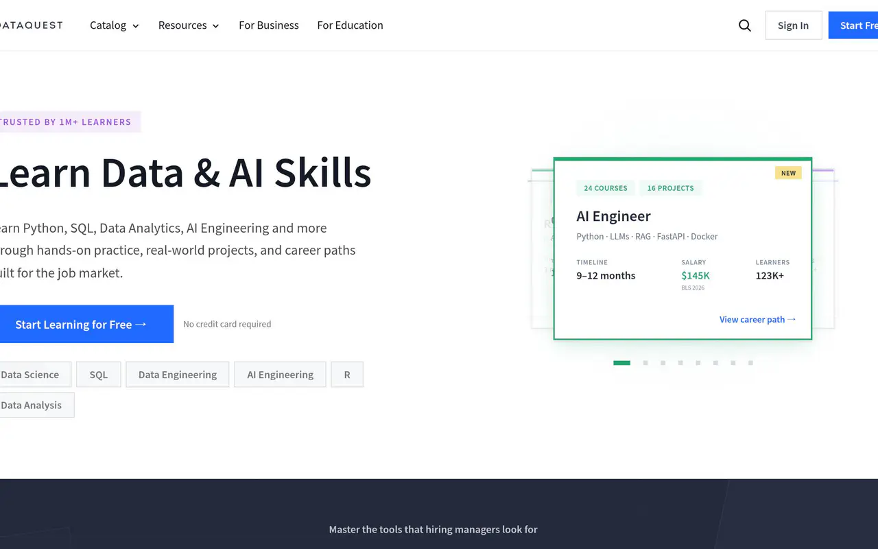 Homepage preview of DataQuest, captured Jul 22, 2026