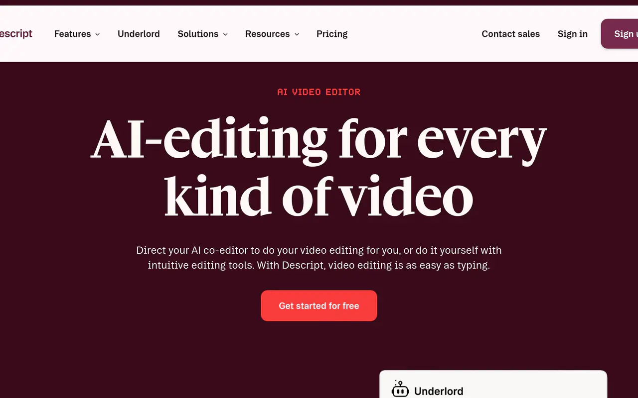 Homepage preview of Descript, captured Jul 21, 2026