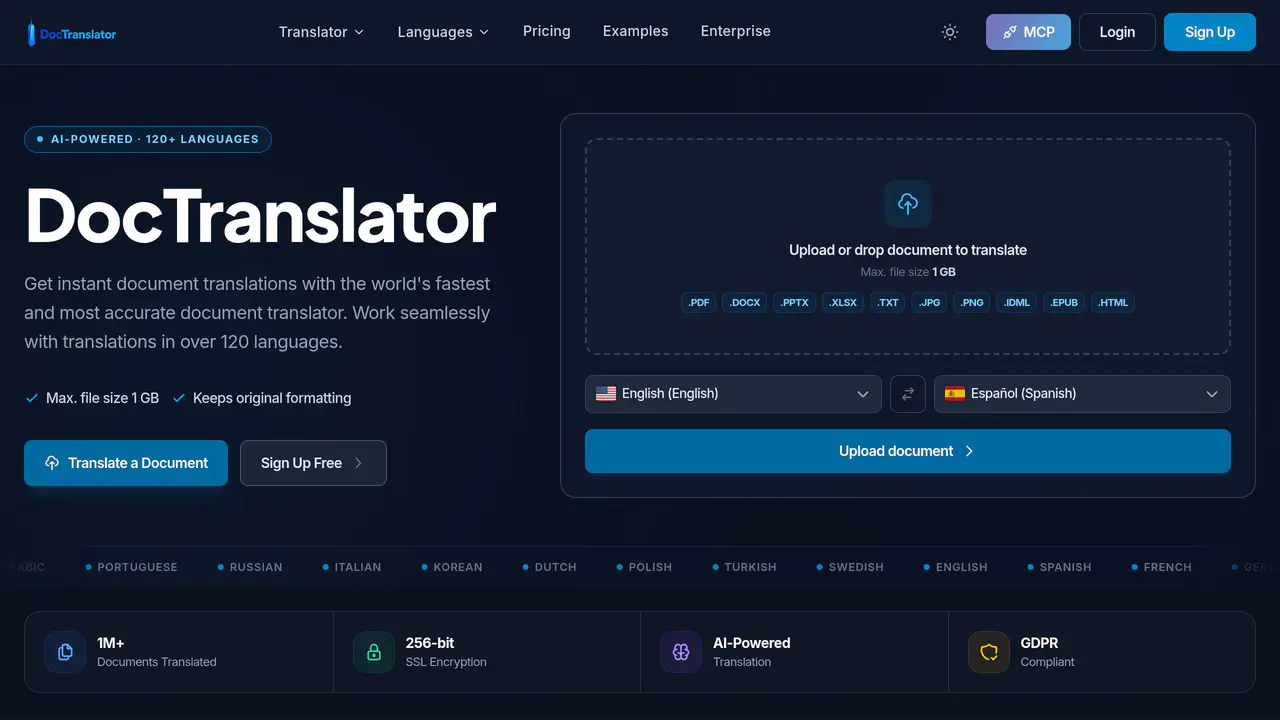 Homepage preview of DocTranslator, captured Jul 31, 2026