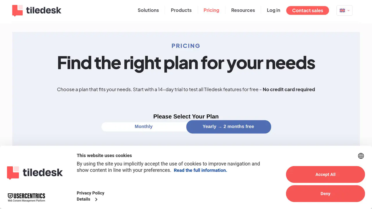 Pricing-page preview of Tiledesk, captured Jul 23, 2026