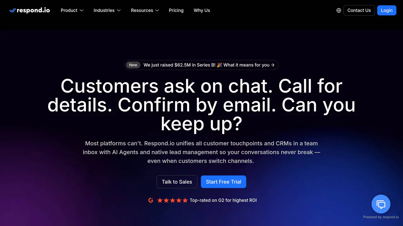 Homepage preview of Respond.io, captured Jul 23, 2026