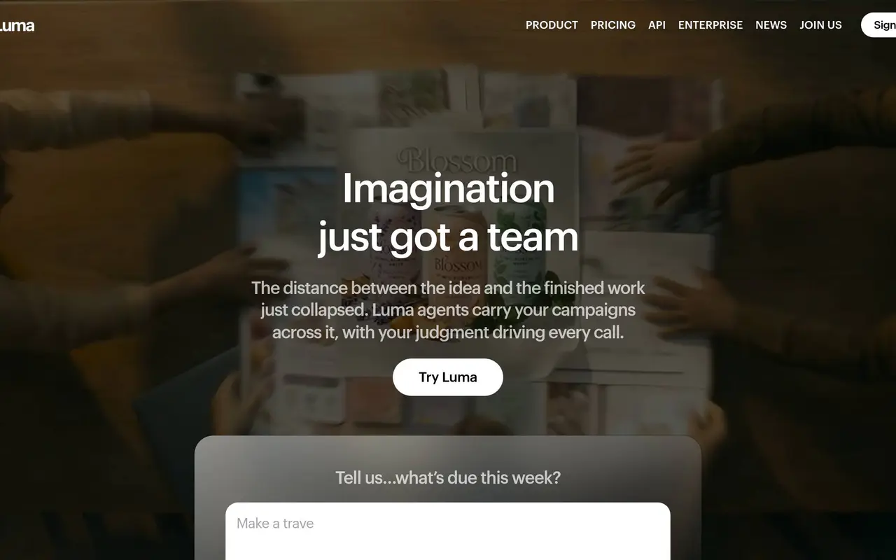 Homepage preview of Luma Dream Machine, captured Jul 21, 2026