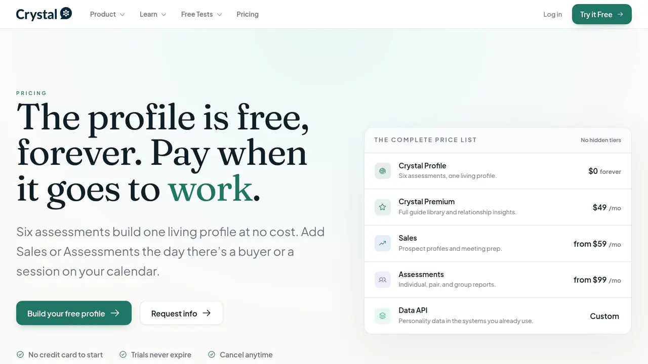Pricing-page preview of Crystal Knows, captured Aug 16, 2026