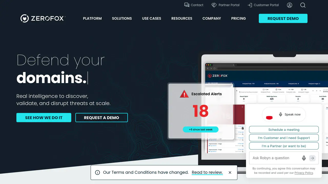 Homepage preview of ZeroFox, captured Jul 23, 2026