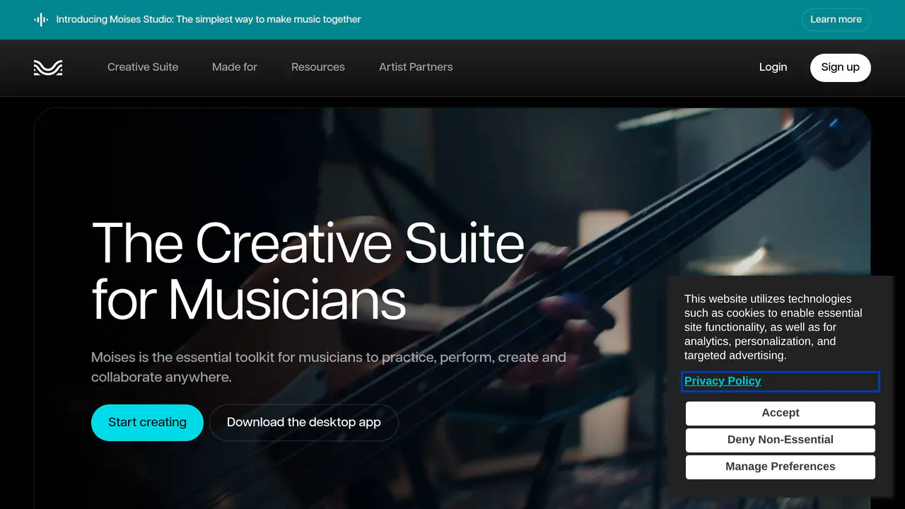 Homepage preview of Moises AI, captured Sep 20, 2026