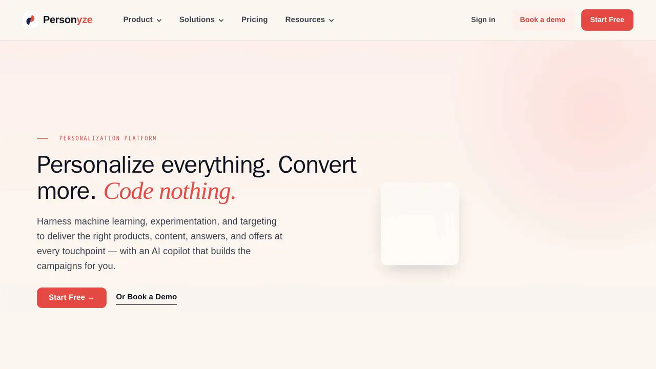 Homepage preview of Personyze, captured Sep 1, 2026