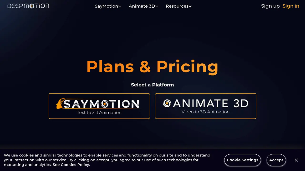 Pricing-page preview of DeepMotion, captured Aug 12, 2026