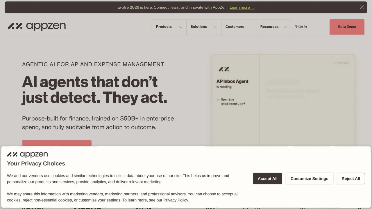 Homepage preview of AppZen, captured Aug 30, 2026