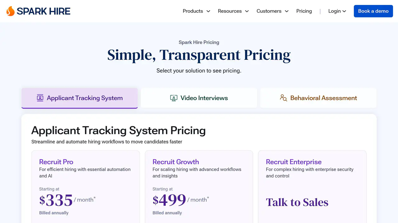 Pricing-page preview of Spark Hire, captured Aug 23, 2026